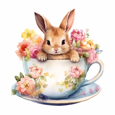 A cute bunny sitting inside a teacup filled with flowers, watercolor print, white background, watercolor paint, procreate watercolor drawing, Watercolor Sublimation design, realistic cartoon, realistic water based colors, clipart, transparent white background