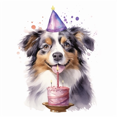 watercolor, clip art, a Miniature Australian Shepherd wearing a party hat and eating cake, birthday, happy face, isolated on a white background