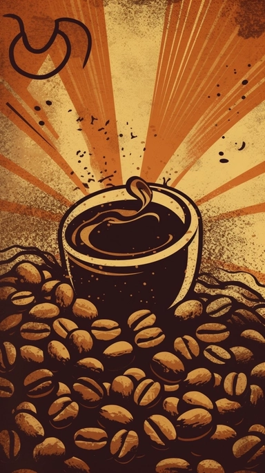 clip art of coffee beans dissolving into the sun, in the style of a retro poster