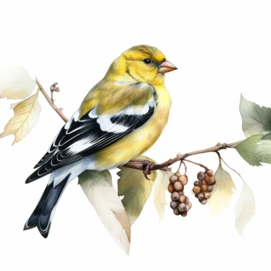 a single watercolor american goldfinch sitting on a leafy branch clipart, hd, white background, spaced out
