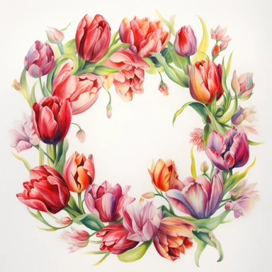 Watercolor Painting of beautiful multi - headed Tulip Wreath FLOWERS on white background DETAILED ILUSTRATION, Flora Design Patterns, Flemish Baroque by Rachel Ruysch, Behance, Rococo, Intricate Detailed, Soft Light Effect, Oil Paint Strokes, Light Academia Aesthetic Flowers, Lighting cinematic, all shown shimmering stamens, tyndall light, texture, colorful, 8k, fantasy, ray tracing, vivid, spectacular lighting, octane rendering, highly detailed, ultra - realistic, white background, clipart