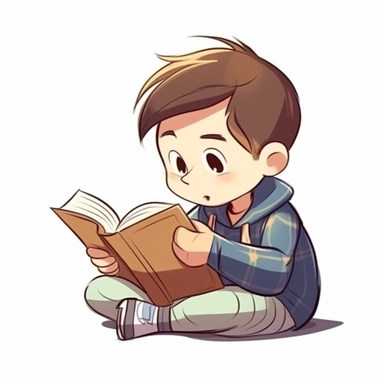 a boy reading a book, cartoon style, clipart, on white background