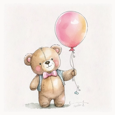 watercolor happdy teddy bear with a pink bow tie and pink balloons in his hand, clip art, white background, no caption