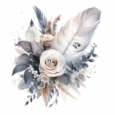 Watercolor dusty greay and white feathers bouquet clipart white background no text wedding style thick outline eligible for transparent background