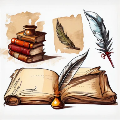 Old book, paper scroll and feather pen sketch, Watercolor clipart, details