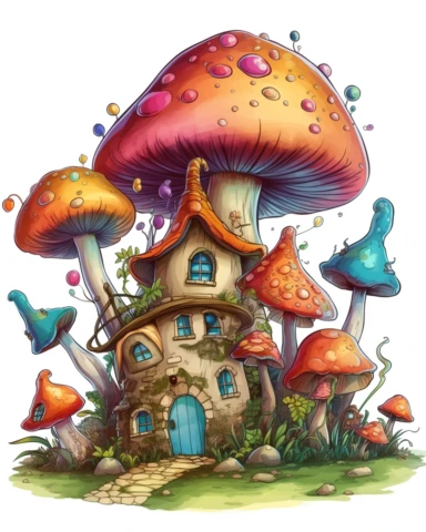 vibrantly psychadelic, fantasy, fairy tale feeling, magic mushroom home, clipart, white background