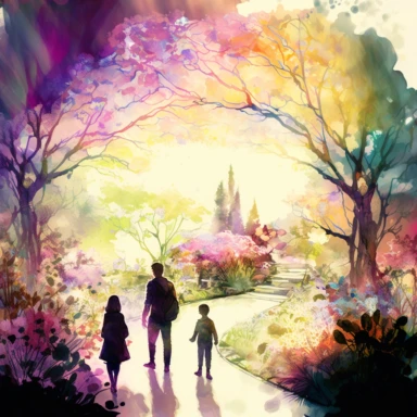 holographic spring flower garden with people looking at flowers. watercolor clipart. The garden is illuminated by natural light, creating a calming and inviting atmosphere. The colors are magnificent and beautiful, with vibrant shades blending together seamlessly. The composition shows a wide view of the garden, with a variety of holographic flowers in bloom and people walking around, admiring the beauty of nature. It's a stunning and serene scene that captures the essence of spring and the joy 