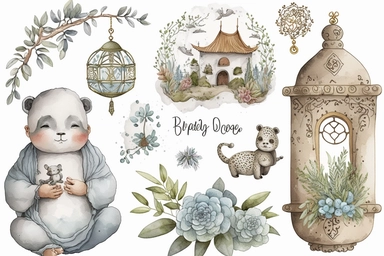 boho, nursery items, baby toys, watercolor clipart, zen meditation Buddhist style, intricately detailed, very clean and detained images
