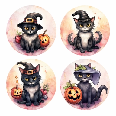 4 clip art sticker icons with black halloween cats, watercolor, pencil colors, professional color grading, no contrast, high quality clip art, high definition