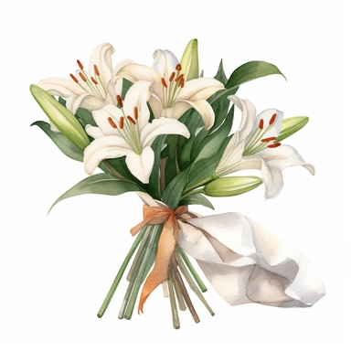 a casablanca lily bouquet wrapped in vintage wrapping paper, digital watercolor illustration, white background clipart