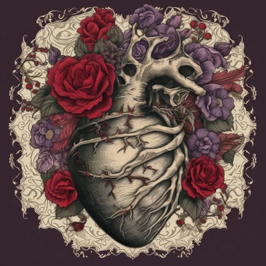 A digital illustration of a gothic Valentine's Day card featuring an anatomical heart with intricate floral patterns. The heart is depicted in shades of black and gray, with hints of deep red and purple flowers woven throughout. The gothic clipart style is reminiscent of old-world engravings, giving the card a vintage feel. The final product should be in PNG format with high resolution.