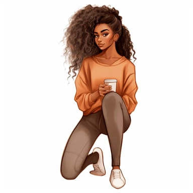 Design a illustration clipart PNG for my journal of a watercolor beautiful black woman with caramel skin tone, Concept art character, Shayy, She has her long curly with messy bun, full length body view, She is wearing a orange sweatsuit resembles the brand Nike, She has manicure painted fingernails with jewelry rings holding a white coffee cup, ar 3:2 seed 2639609463