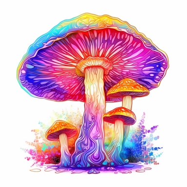 clipart shiitake mushroom, Psychedelic art, Acid Art, high resolution, neon rainbow colored, white background