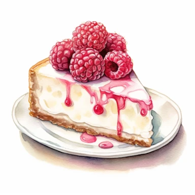 This highly detailed watercolor clipart depicts a heavenly White Chocolate Raspberry Cheesecake on a pristine white background. The artwork showcases the luxurious combination of creamy white chocolate and tart raspberries. The cheesecake is exquisitely rendered with intricate brushstrokes, highlighting its velvety texture and rich flavor. Plump raspberries add a vibrant burst of color, enhancing the visual appeal. Against the clean white backdrop, this clipart exudes an irresistible allure, mak