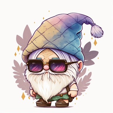 cute chibi happy gnome with big white beard, wearing spike hat, hat is covering the eyes, clipart, line art, in the style of Anni Betts + Christine Battuz, watercolor illustration style 8k, png
