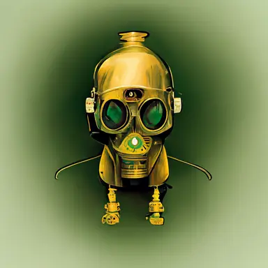 evil science robot in a gas mask, gold and green, clipart