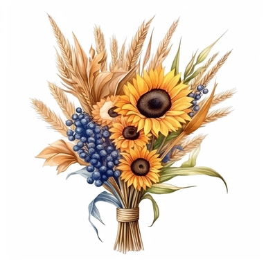 bouquet of wheat and sunflowers , wildflowers , color pencil sketch on a white background for clipart