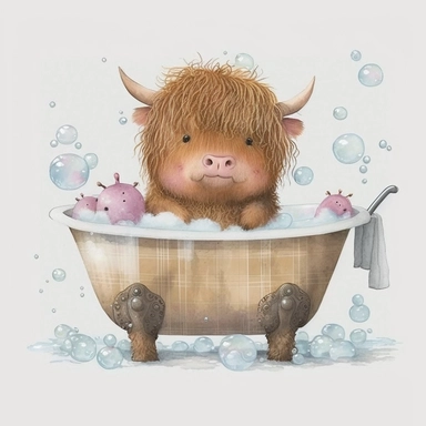watercolor clipart cute brown baby highland cow with horns in bathtub pink balloons