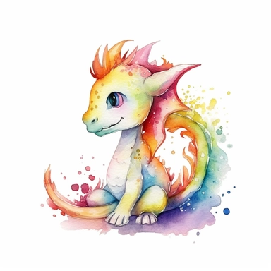 Cute Rainbow Dragon Watercolor Clipart, in the style of digital airbrushing,white background