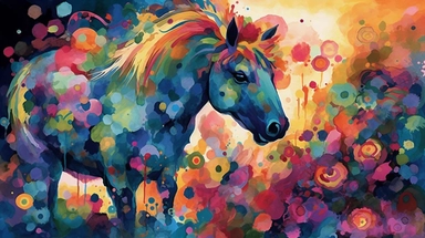 A vibrant watercolor of a single horse rendered as a digital clipart, drawing inspiration from the bold, expressive blooms found in Emil Nolde's garden paintings, featuring a vivid color palette that captures the flowers' natural radiance, illuminated by bright, contrasting light that emphasizes the rich, saturated hues and dynamic brushwork, and composed using an organic, free-flowing layout that conveys a sense of movement and growth.