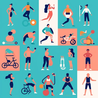 Design a clipart set that depicts various exercise and fitness activities. Add images of people doing different types of cardio activities like running, cycling, jumping, and swimming. Add images of people lifting weights, doing yoga, Pilates, or aerobics. Add elements such as water bottles, towels, or gym bags to complete the workout atmosphere. Use vibrant and energetic colors like blue, red, or green to reflect the energy of a fitness environment