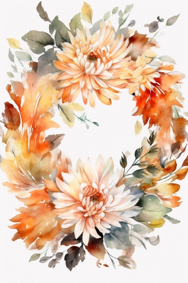 Halloween clipart, Chrysanthemum Delicate watercolor illustration, White background, Cozy, clear picture, 8k, hd, isolatee on a white background, Wreath, Frame Clip Art
