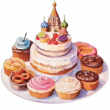 watercolor cake and cupcakes watercolor wcd eps, in the style of eye-catching composition, circular shapes, large canvas paintings, soviet, calligraphy-inspired, nightcore, simple Clipart desert cartoon t-shirt graphic, vector,contour, isolated on a white background