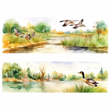 watercolor hunting scene in forest or fields with lake in vicinity where duck flocks take off in numbers , illustrations clipart set, simple, , cartoon elements ,different variants , natural elements, separate elements with a margin, ,4k, high resolution, , natural colors, vibrant green tones, birds and ducks