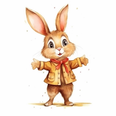Cute HARE clipart ,happy expression, standing in dynamic pose, autumn outfit,front view, in the style of watercolor cartoon clipart, kate greenaway style, high resolution, composition free space, pastel color scheme, soft and tender, watercolour clipart, watercolor illlustration for kids and children,isolated white background, clipart most popular on etsy, book illustration, featured on dribble,print on demand image, PNG tranparent background,composition medium shot, no text