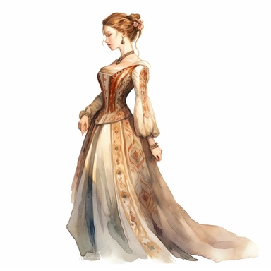 Imagine a watercolor clipart that depicts a young lady of high nobility from the medieval era. She stands in a somewhat side view, capturing her elegance and grace. Her attire is befitting her status, featuring a beautifully crafted gown with intricate details and luxurious fabrics. The watercolor technique brings a touch of whimsy and softness to the artwork. The brushstrokes dance across the paper, infusing the image with vibrant colors and delicate textures. Shades of blues, purples, and gold