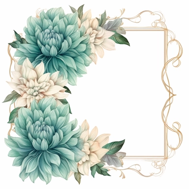 a floral frames made with teal and pastel teal Dahlia flowers, wet on dry watercolour style, antique look, clipart, white background