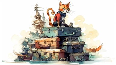 a very cute animated, disney illustration style, cat sitting proudly on a stack of vintage suitcases, looking off into the distance, watercolor by Thomas W. Schaller, clipart, solid background