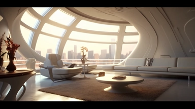 movie clip scene cool mid day of summer, parametric honeycomb minimalist modern shimmering lights and shadows over living room studio library and kitchen open concept photographic high definition render, cold blinding shinny white fall light god rays shadows shimmering closeup detail concept art detailed painting with giant spaceship window of a cool industrial living quarters spaceship , huge over window with gorgeous galactic view, happy blade runner android, cool airvehicle cockpit, living be