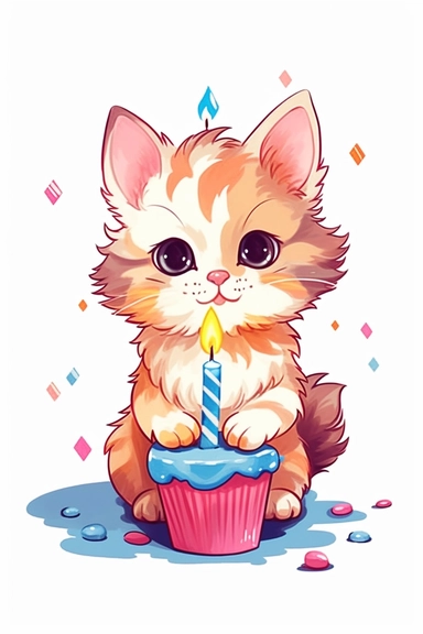 happy birthday cupcake clipart for card print, cute ragdoll kitten illustration, hallmark 1950s style png vector isolated on white background