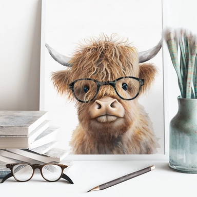 highland cow and glasses watercolor Clipart, Cute Baby Shower Graphics, Nursery Decor Wall Art, Scotland Farm Animal , big eyes on a white background with