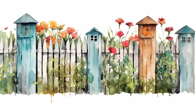 A garden fence made of old doors for a unique, upcycled look clipart, white background, watercolor drawing