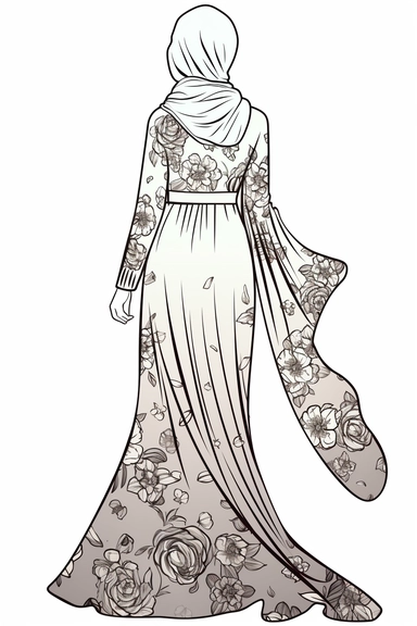 coloring page of a Hijabi woman back full body view clipart illustration, no face is seeing, muslim lady clipart, veiled woman clipart, floral lady hijab clipart , coloring book page for teens, no text, clean and simple line art