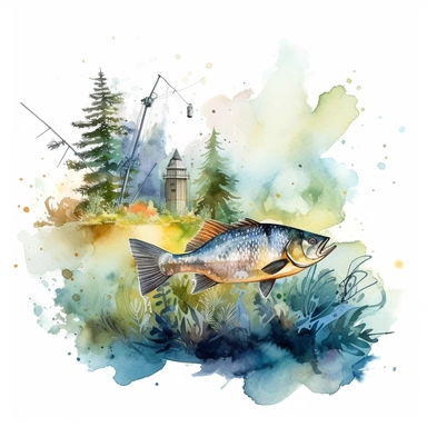 one illustration of fishing Watercolor clipart on a white background, in the style of hazy landscapes, nature-inspired motifs, free brushwork, fantasy settings, decaying landscapes, no watermark, text, 300 DPI , typography, shapes do not stick together, no text in the picture, on a white background