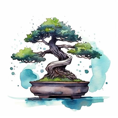 one bonsai tree inked by amanda tirado Watercolor clipart on a white background, in the style of digital gradient blends, rounded, decorative elements, high quality photo, cartoon-like characters, water drops, earth tones, no watermark, text, 300 DPI , typography, shapes do not stick together, no text in the picture, on a white background