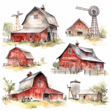 Watercolor Barns Clipart. Farm Style. Red Barn House, Horse, Tractor, Windmill, Wood Gate Illustrations. Wedding Invitation DIY white background