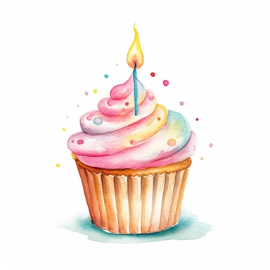 watercolor clipart, one individual cupcake with candle, white background