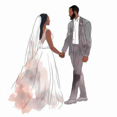 black couple getting married, wedding, beautiful bride and groom, faceless, watercolor clipart