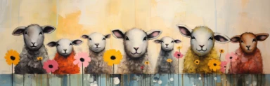 a row of cute little tiny lambs, a collage of mixed media art made with tissue paper, magazine and newspaper clippings, oil paint, graphite pencil lines and fabric, in the style of playful surrealism, whimsical, washi tape