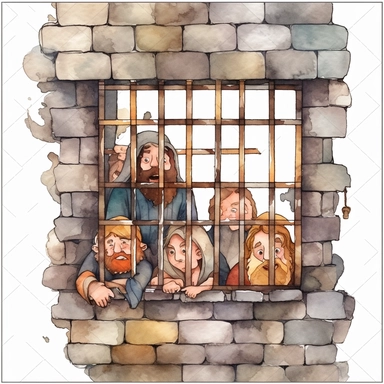 sad looking peasants behind a medieval dungeon cell watercolor clipart no fonts nor words no letters