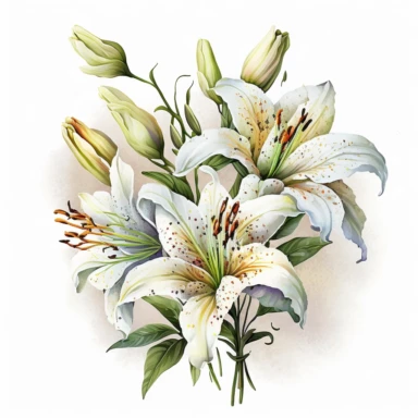 Watercolor realistic detailed white tiger lily bouquet clipart, white background, no text