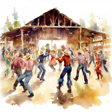 A traditional barn dance, with people in cowboy boots and hats, twirling and dancing to lively country tunes, american style, clipart, watercolor,