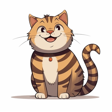 Cute cartoon happy cat, overweight dark STRIPED brown tabby cat with big ears, A LOT OF TIGER black strips, brown fur, brown chest, dark brown eyes, full body sitting, white background, clip art, vector graphic