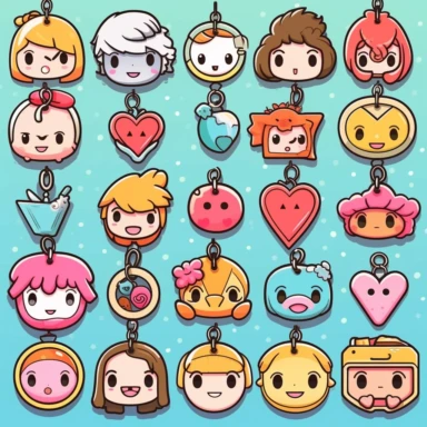 Unleash your creativity with A Kawaii style clipart set of keychains with smiling faces and heart-shaped eyes. Kawaii.