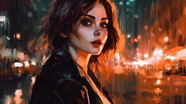 beautiful stunning pretty vintage bladerunner style young woman, paint art style, clipart, city landscape background, superrealistic, one of a kind