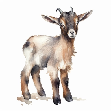 baby dwarf Nigerian goat, very detailed and realistic, watercolor, white background with margins, clipart style